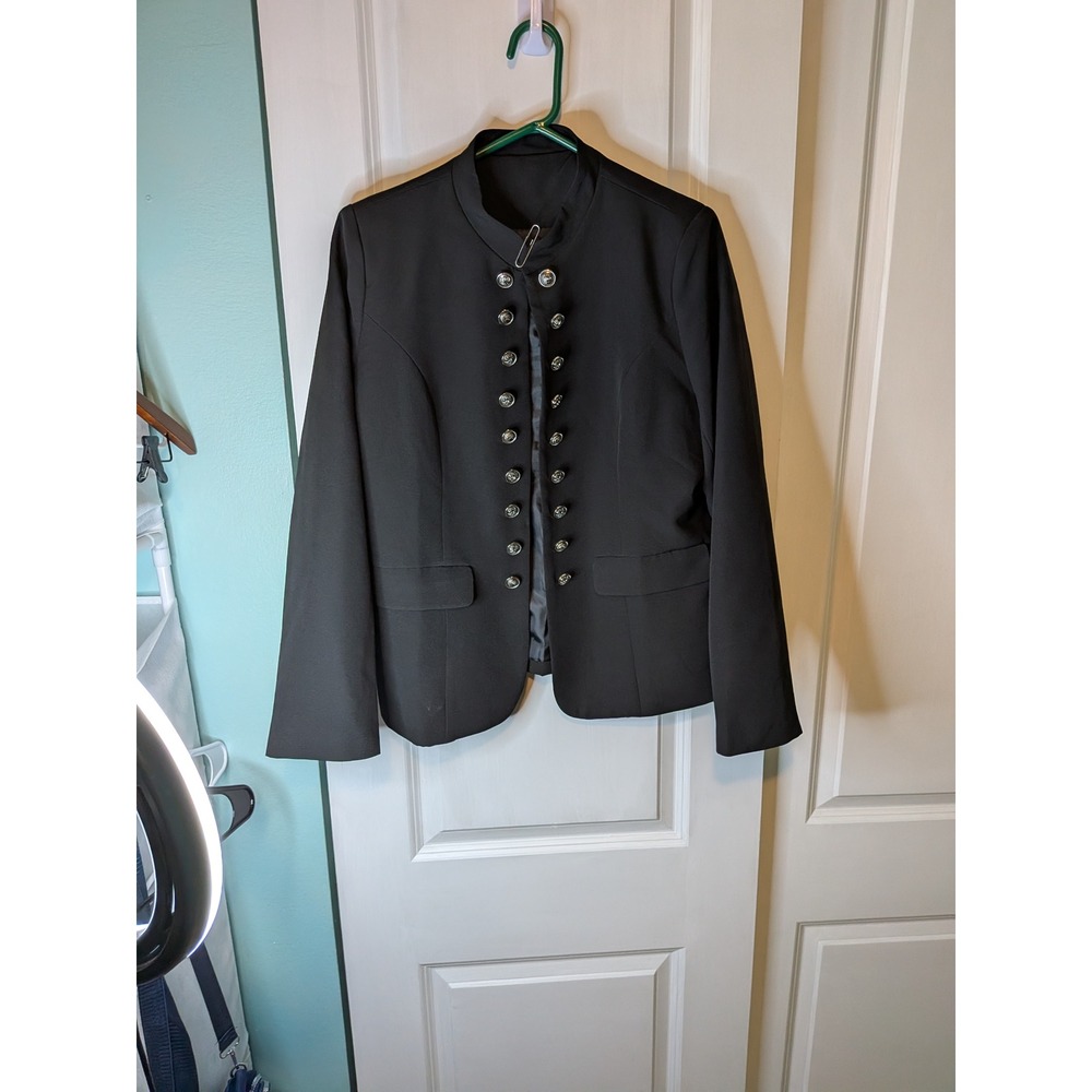 Black Military Band Jacket Silver Crest Button Mandarin Collar Blazer XL